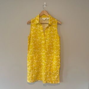 CYNTHIA ROWLEY 100% Linen Sleeveless Collared Midi Yellow Floral Dress‎ Size 8
